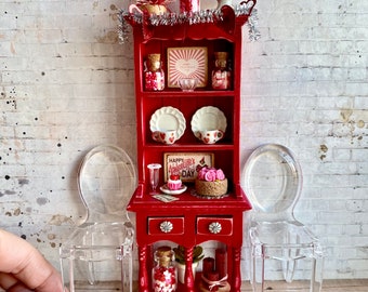 Miniature Valentines hutch, 1:12 scale Artisan Valentines Day miniatures, dollhouse cupboard