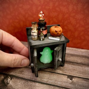 Miniature Halloween cabinet, Miniature bedroom furniture, 1:12 scale dollhouse nightstand, haunted dollhouse