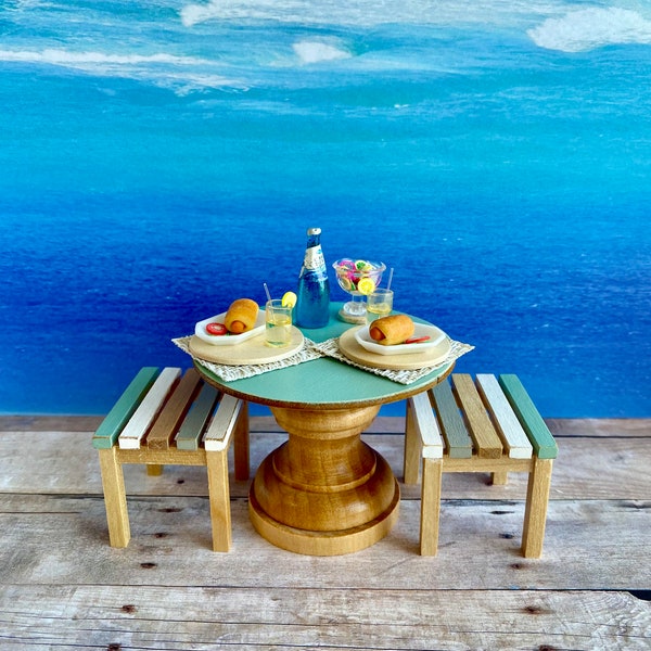 Miniature bistro set, beach dollhouse kitchen, 1:12 scale table and place settings