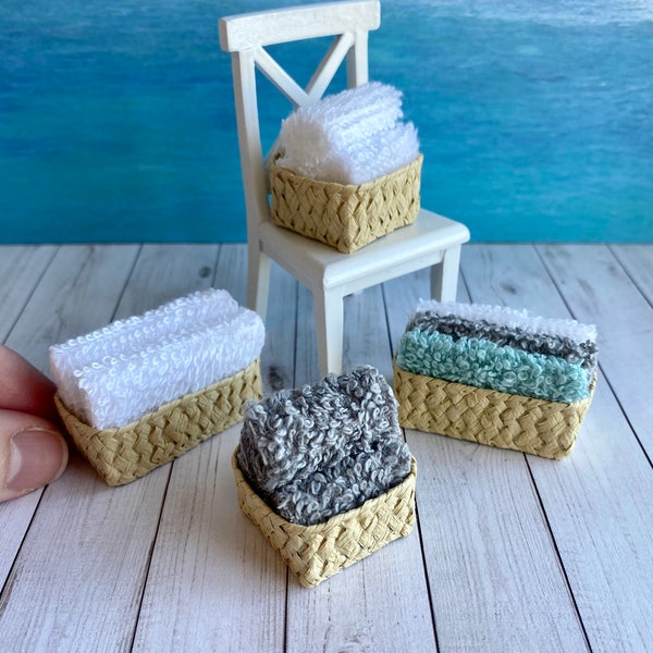 Miniature dollhouse towel set, miniature towel basket, dollhouse bath basket