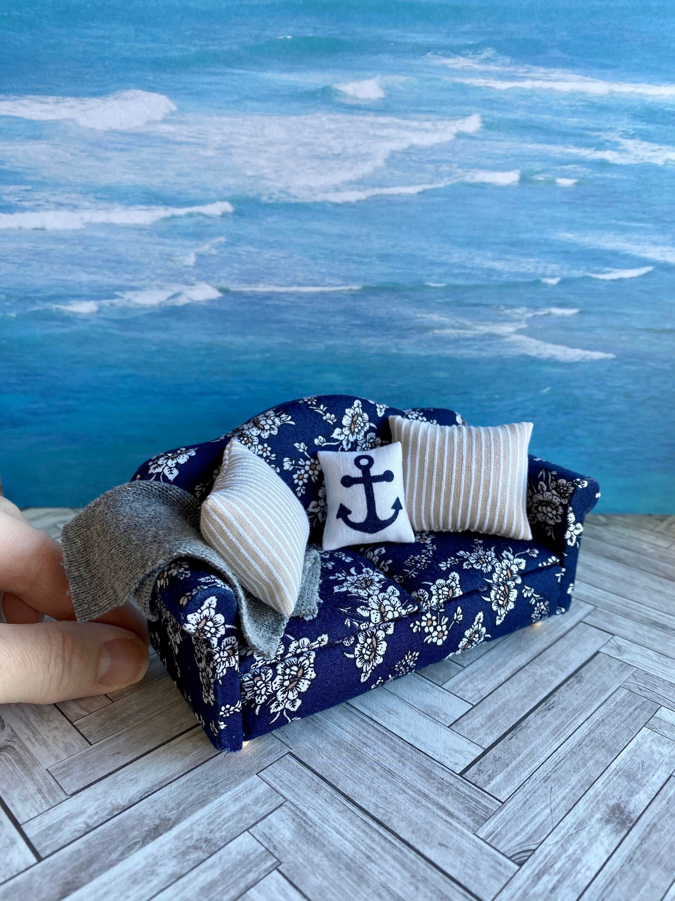 Miniature Dollhouse blanket 3 Pillows 1:12 scale blue floral stripe 
