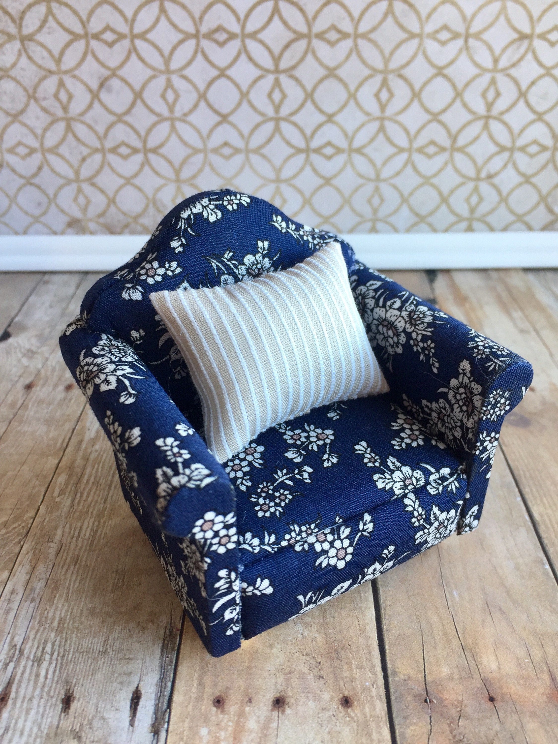 Dollhouse Miniature Side Chair Blue & Brown Floral ~ CLA10963