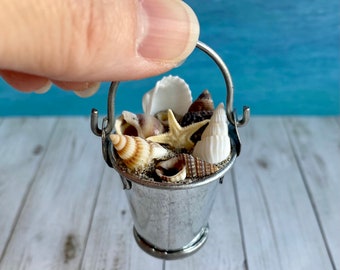 Dollhouse beach bucket, Miniature bucket of sea shells, fairy garden seashell bucket