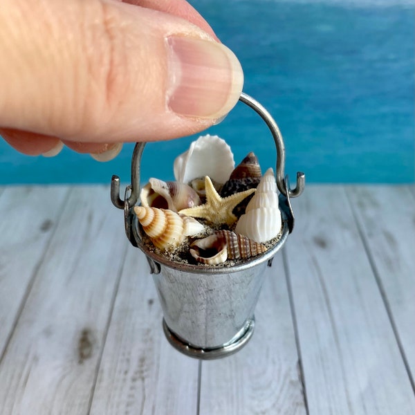 Dollhouse beach bucket, Miniature bucket of sea shells, fairy garden seashell bucket