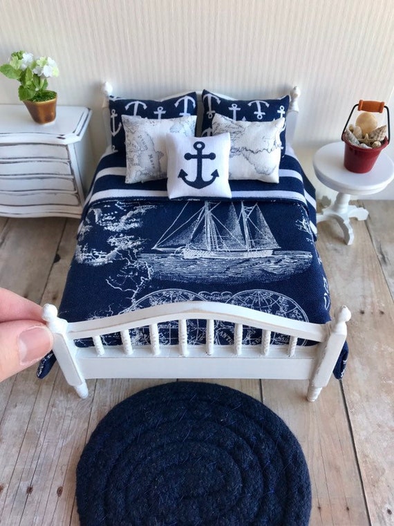 1 12 Scale Dollhouse Bed And Bedding Miniature Beach Bedroom Custom Dollhouse Bed
