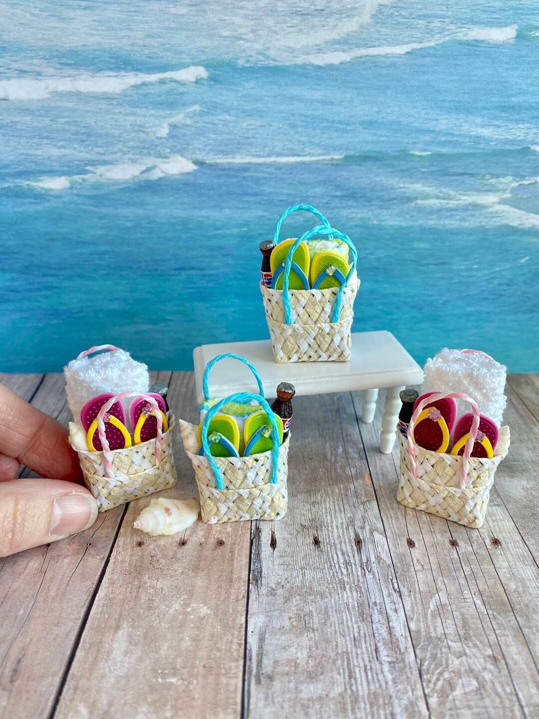 Miniature Dollhouse Beach Bag and Towel, Miniature Flip Flops, 112