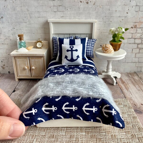 Dollhouse beach bedding, 1:12 scale dollhouse pillows, hamdmade nautical miniatures