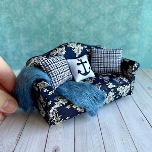 Blue Dollhouse Sofa, Miniature Couch and pillows,  1:12 scale Dollhouse Furniture