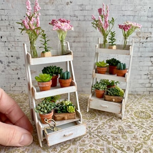 Miniature garden plant shelf, Dollhouse garden miniatures, 1:12 scale artisan miniature plants