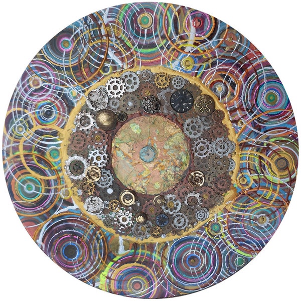 Mixed media painting, optical, abstract, mandala, three dimensional,  zen artwork, original, steampunk, bright unique, colorful, 14 inches