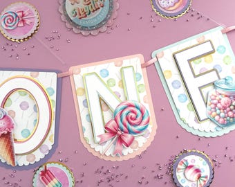 Candy Land "ONE" Birthday Banner Pastel Party Decor First Birthday Sweet shop Theme Lollipop Ice Cream Party