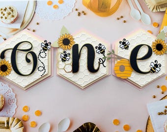 Bee Theme "ONE" Birthday Banner First Birthday Decor Bubble Bee Party Honeycomb Sunflower Decoration