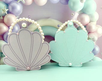 Luxury Mermaid Shell Favor bag. Under the Sea Birthday Treat Box 3C clamshell Gift Bag with Pearl Handle Ocean Party Decor
