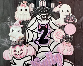 Halloween Birthday Cake Topper, Ghost Haunted House & Pastel Spooky Theme Printed Cake Topper