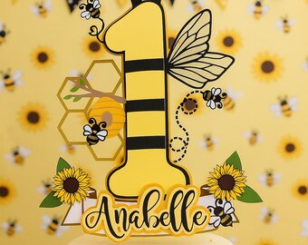 Personalized First Birthday Bee Cake Topper: 3D Honeycomb & Sunflowers First Birthday