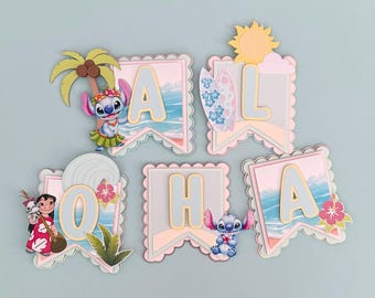 Lilo & Stitch Birthday Banner, Hawaiian Luau Party Decoration, Custom Name Banner