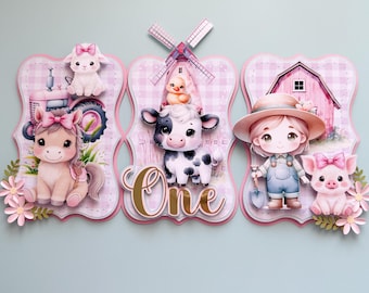 Pink Farm 1st Birthday High Chair Banner: Cowgirl Barnyard Decor