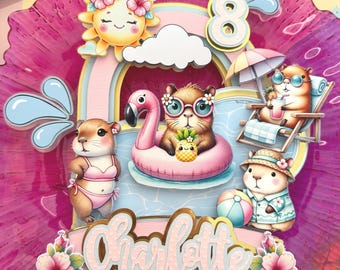 Capybara Pool Party Cake Topper: Personalized Birthday Decoration