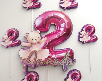 Ballon Cake Topper, Personalized Teddy Ballerina with Matching Cupcake Toppers, Pink and Gold Birthday Decor