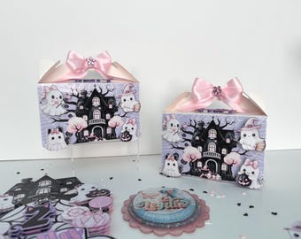 Cute Spooky Party Favor Boxes Pink Halloween Theme Ghost & Haunted House Party Decorations Pastel Halloween Goodie Boxes Girly Ghost Theme