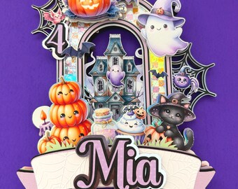 Personalized Halloween Cake Topper 3D Shaker with LED Lights Haunted Mansion Theme Cute Ghost Pumpkin Decor