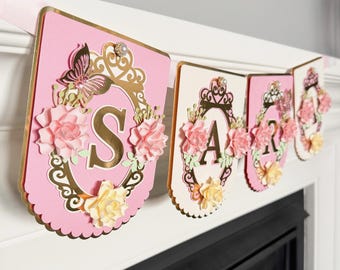 Princess Floral Name Banner: Gold Frame, 3D Flowers