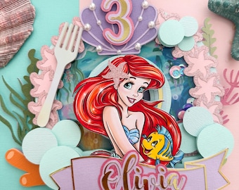 Mermaid Cake Topper Personalized Name Ariel Birthday Decor Under the Sea Party Pastel Glitter Pearl 3D Topper