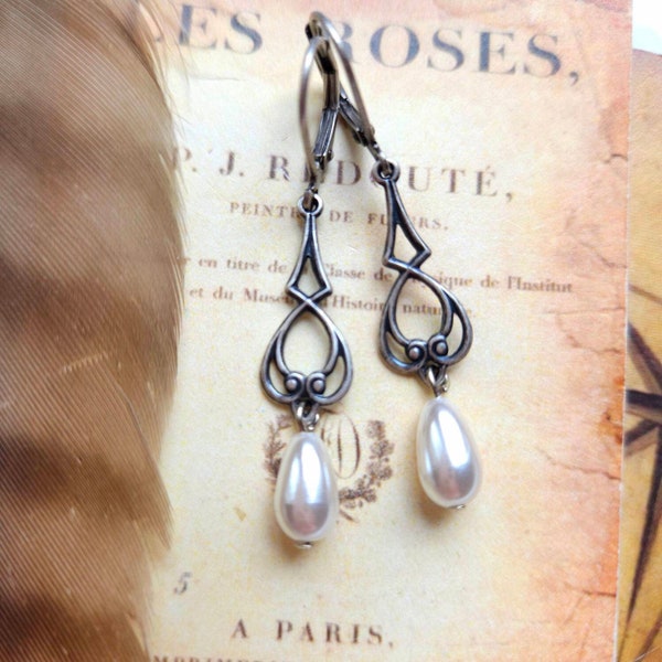 Dainty silver art nouveau style faux pearl bridal earrings, Victorian, historical, 1920s, regency, classic, timeless