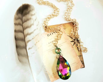 art deco kaleidoscope rainbow crystal teardrop necklace, peacock green, gold plated chain, aurora borealis, northern lights