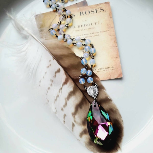 Crystal Chandelier Prism Rosary Necklace, Beaded, Repurposed Jewelry, Peacock Blue Green, Kaleidoscope, Upcycled, Vintage