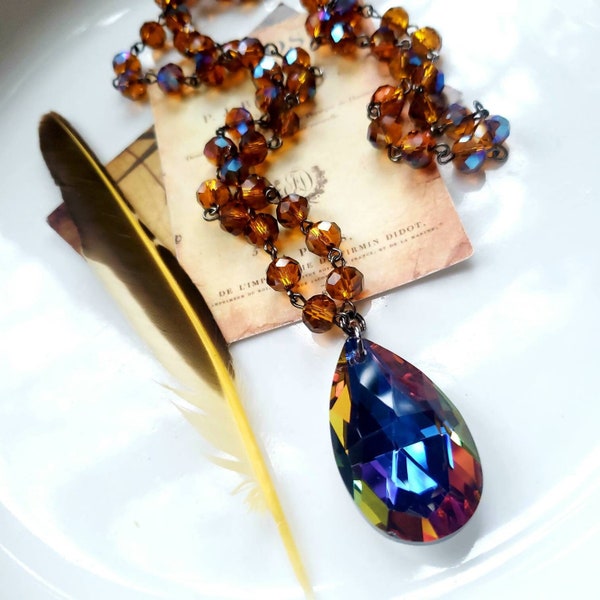 adria - genuine crystal teardrop necklace - bermuda blue and topaz crystal beaded chain