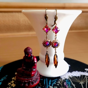 long volcano topaz crystal drop earrings, rhinestone gatsby earrings, 1920s jewelry, flapper style, vintage glamor