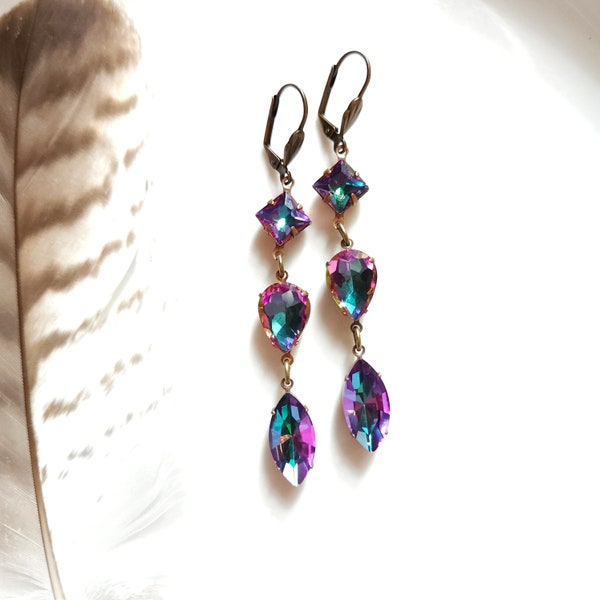 Acrobat. Art Deco crystal rhinestone jewel earrings, purple green earrings, Old Hollywood style, Regency, gala, special occasion