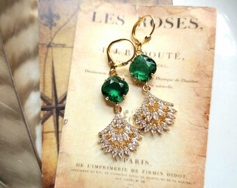 Emerald Green Art Deco Earrings: Cubic Zirconia Gold Plated Lever Backs