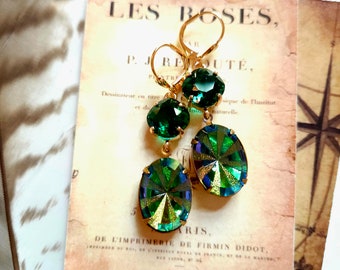 kaleidoscope art nouveau rivoli rhinestone jewel earrings, emerald green, rainbow, flapper jewelry, miss fisher, roaring 20s, circus