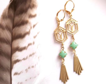 Mint Green & Gold Art Deco Fan Earrings, Architecture, Prairie Style, Chicago, Frank Lloyd Wright, Gift Under 30, Stocking Stuffer