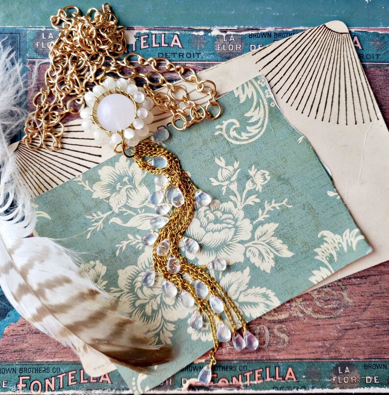one of a kind design long layering necklace white clear frost assemblage jewelry gold shabby chic tassel necklace cascade