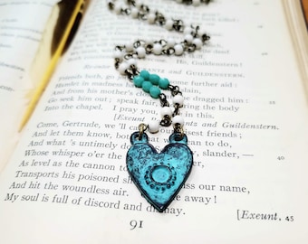 patina blue heart necklace, boho chic style, verdigris jewelry, beaded white turquoise chain, shabby chic, artisan