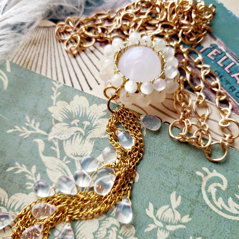 one of a kind design long layering necklace white clear frost assemblage jewelry gold shabby chic tassel necklace cascade
