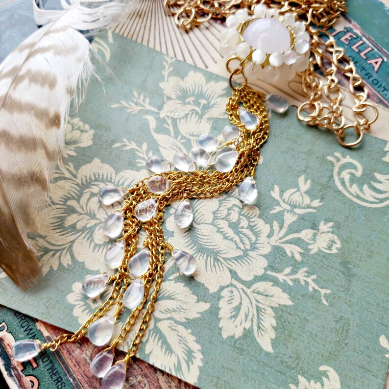 one of a kind design long layering necklace white clear frost assemblage jewelry gold shabby chic tassel necklace cascade