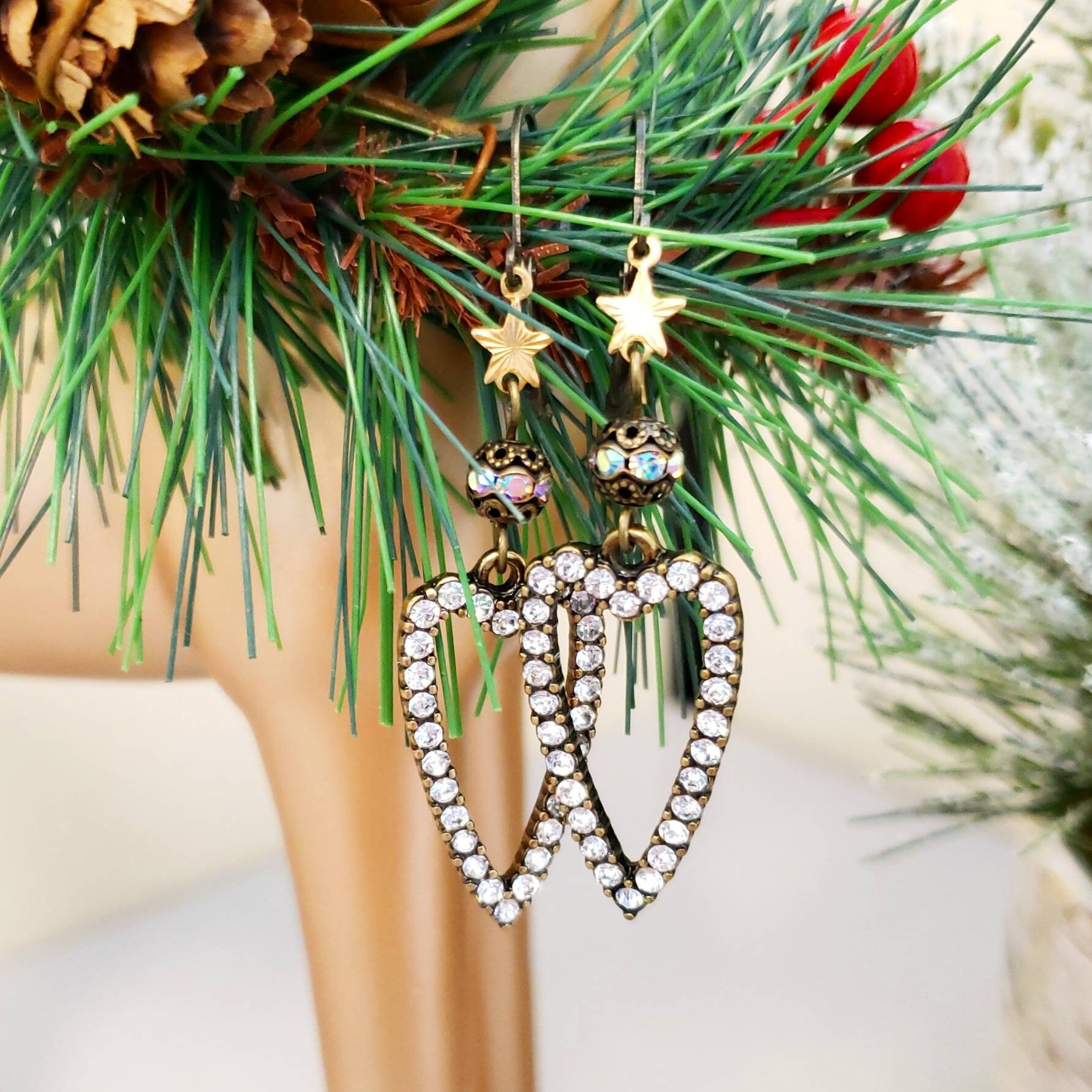 Rhinestone Heart Earrings Stars Art Deco Gift for Her Etsy