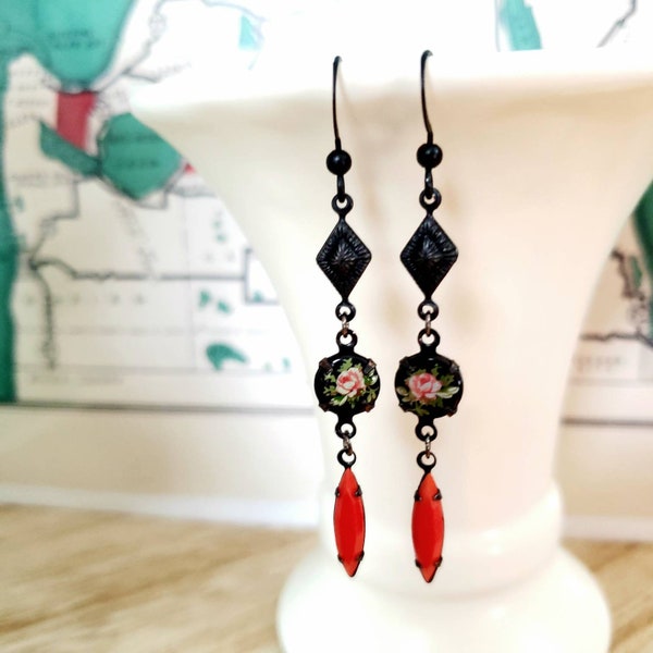 petite vintage floral cameo earrings, black and coral, frida k, texmex, carmen, victorian goth, rockabilly