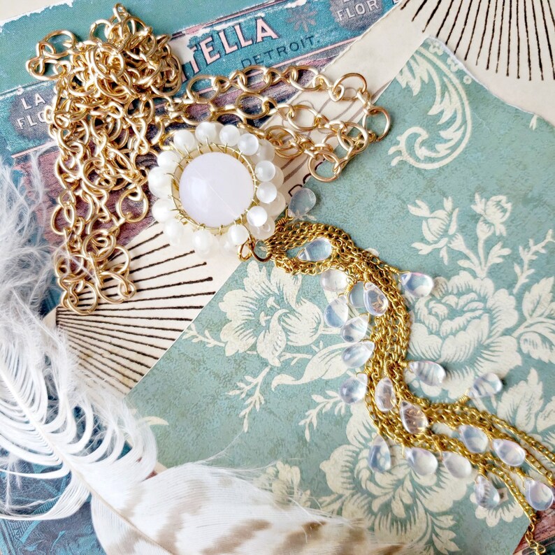 one of a kind design long layering necklace white clear frost assemblage jewelry gold shabby chic tassel necklace cascade