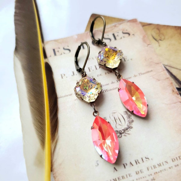 firebird. vintage rhinestone jewel earrings, vibrant yellow and orange, dramatic, resort, vacation, glamorous, elegant leverback earrings