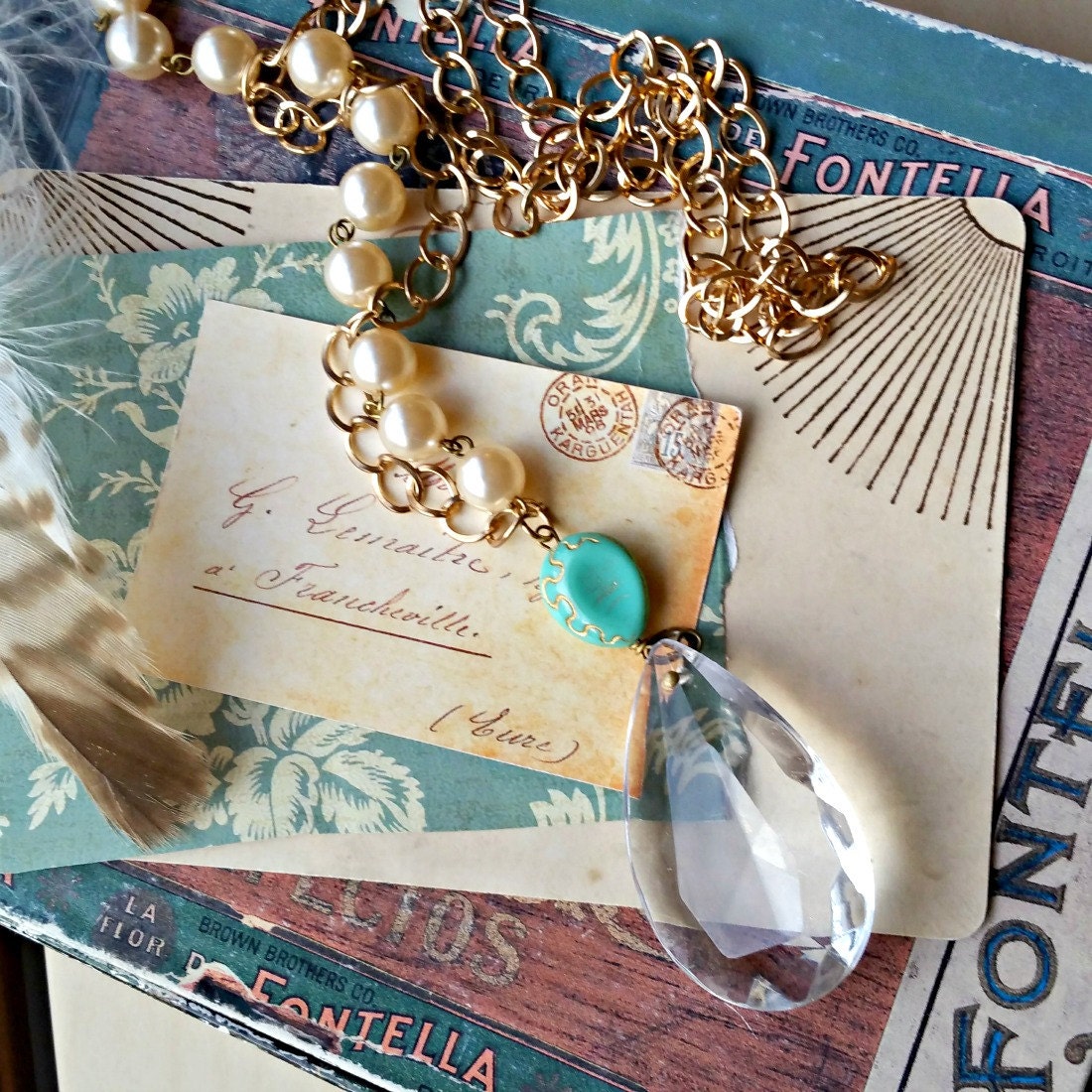 Vintage Chandelier Drop Necklace Crystal Prism Pearls Aqua Etsy