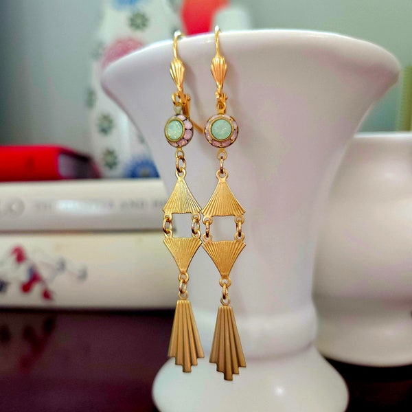 Egyptian Revival fan earrings. Seafoam and opal, 1920s, vintage, historical, shell, goldplated lever backs