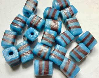 Pale OrangePeach Krobo Tube with White Blue Handpainted Design Recycled Glass Beads from Ghana Size 11-13mm approx Pack of 6 Beads
