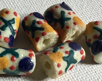 Pale OrangePeach Krobo Tube with White Blue Handpainted Design Recycled Glass Beads from Ghana Size 11-13mm approx Pack of 6 Beads