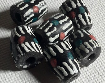Pale OrangePeach Krobo Tube with White Blue Handpainted Design Recycled Glass Beads from Ghana Size 11-13mm approx Pack of 6 Beads