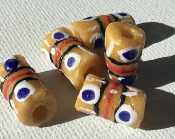 Pale OrangePeach Krobo Tube with White Blue Handpainted Design Recycled Glass Beads from Ghana Size 11-13mm approx Pack of 6 Beads